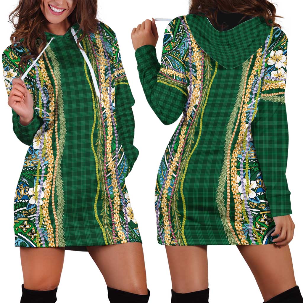 Hawaiian Art Flower Tribal with Lei Hoodie Dress Palaka Pattern Green Color - Polynesian Pride