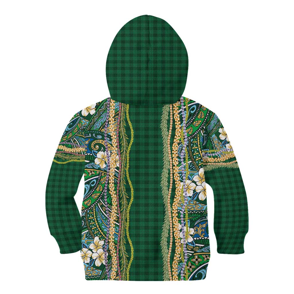 Hawaiian Art Flower Tribal with Lei Kid Hoodie Palaka Pattern Green Color - Polynesian Pride