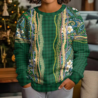 Hawaiian Art Flower Tribal with Lei Kid Ugly Christmas Sweater Palaka Pattern Green Color - Polynesian Pride