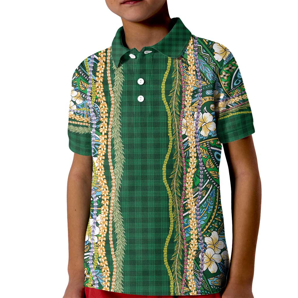 Hawaiian Art Flower Tribal with Lei Kid Polo Shirt Palaka Pattern Green Color - Polynesian Pride