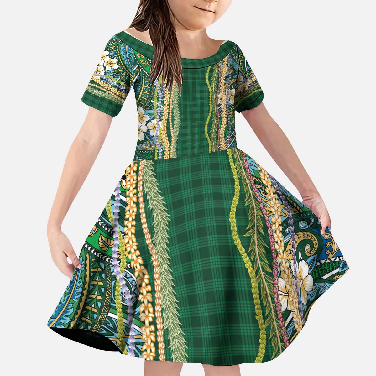 Hawaiian Art Flower Tribal with Lei Kid Short Sleeve Dress Palaka Pattern Green Color - Polynesian Pride