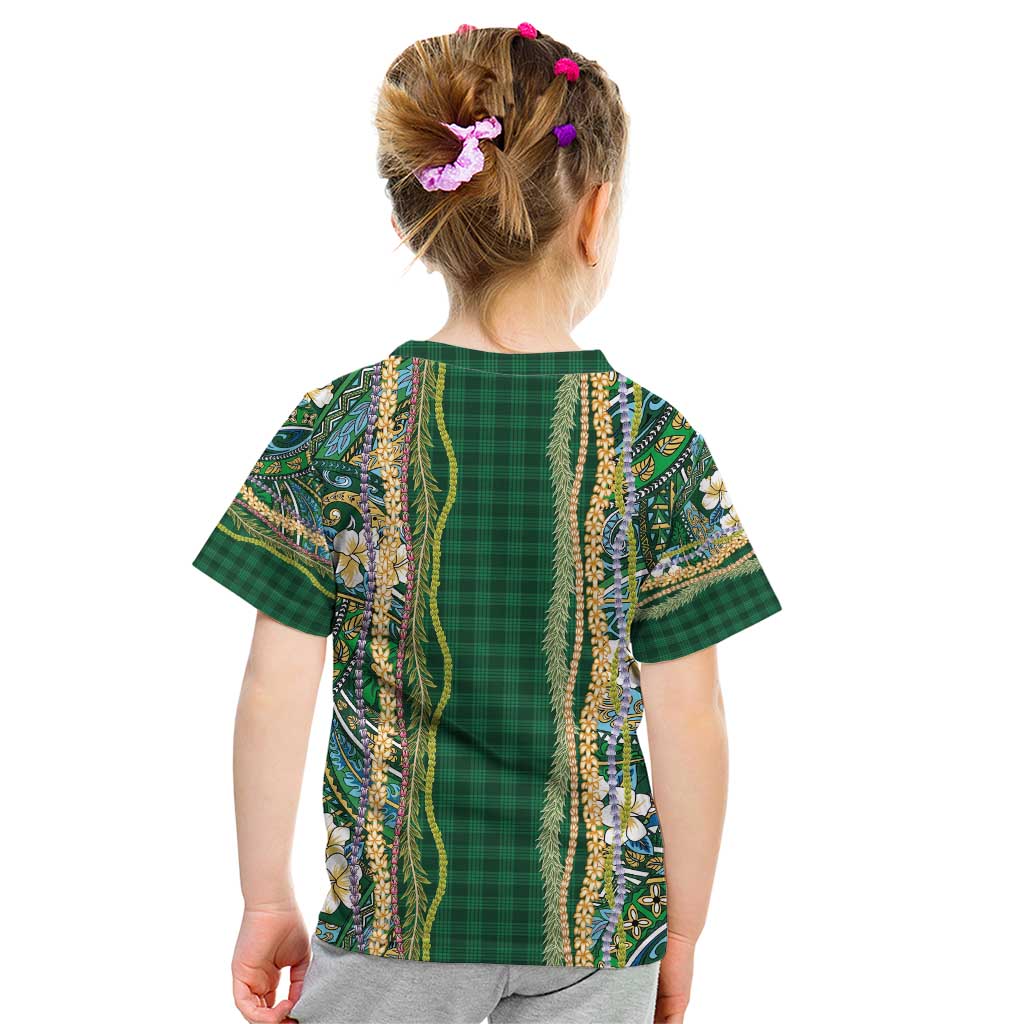 Hawaiian Art Flower Tribal with Lei Kid T Shirt Palaka Pattern Green Color - Polynesian Pride