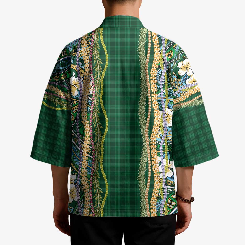 Hawaiian Art Flower Tribal with Lei Kimono Palaka Pattern Green Color - Polynesian Pride