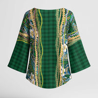Hawaiian Art Flower Tribal with Lei Kimono Sleeve Blouse Palaka Pattern Green Color - Polynesian Pride