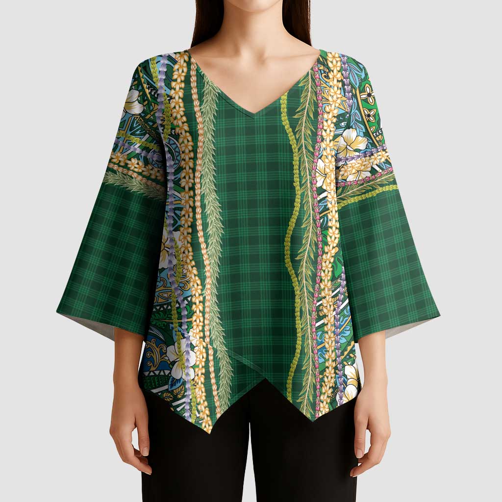 Hawaiian Art Flower Tribal with Lei Kimono Sleeve Blouse Palaka Pattern Green Color - Polynesian Pride