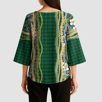 Hawaiian Art Flower Tribal with Lei Kimono Sleeve Blouse Palaka Pattern Green Color - Polynesian Pride