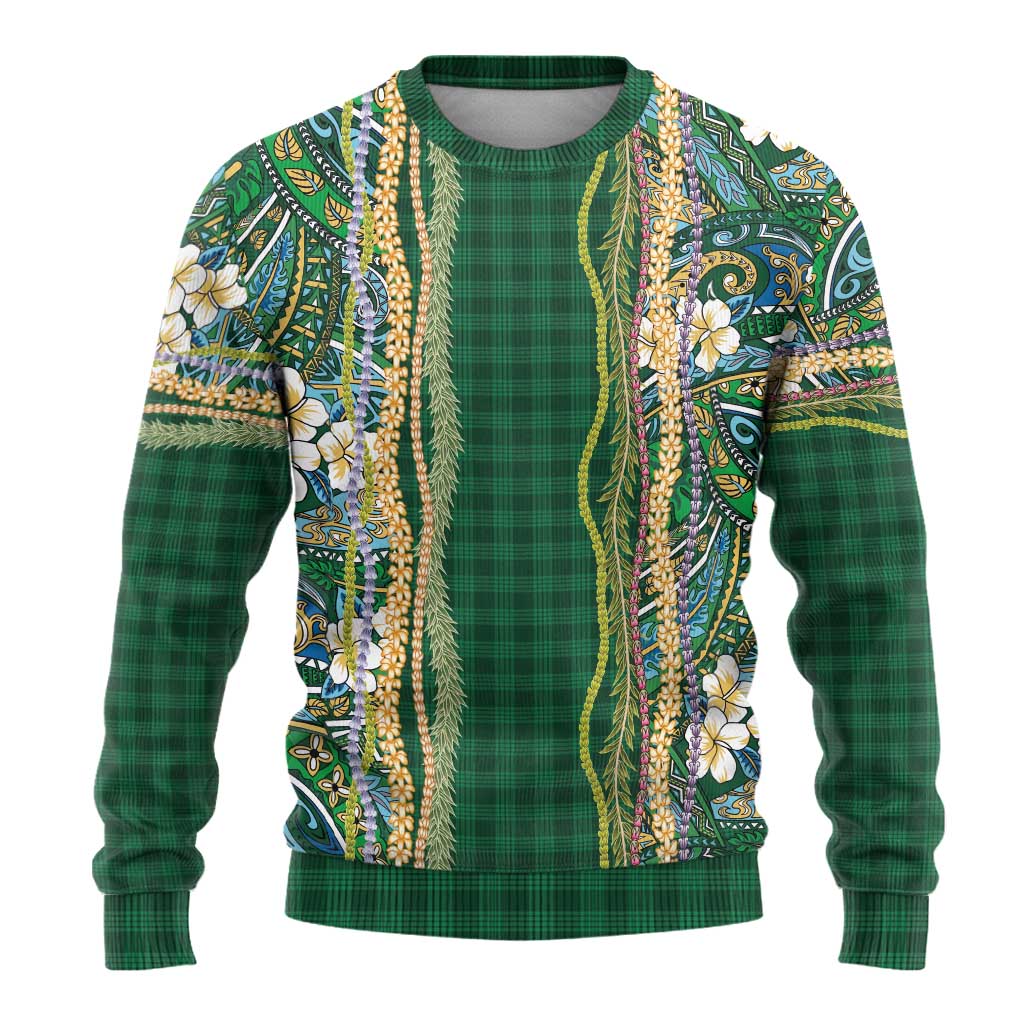 Hawaiian Art Flower Tribal with Lei Ugly Christmas Sweater Palaka Pattern Green Color - Polynesian Pride