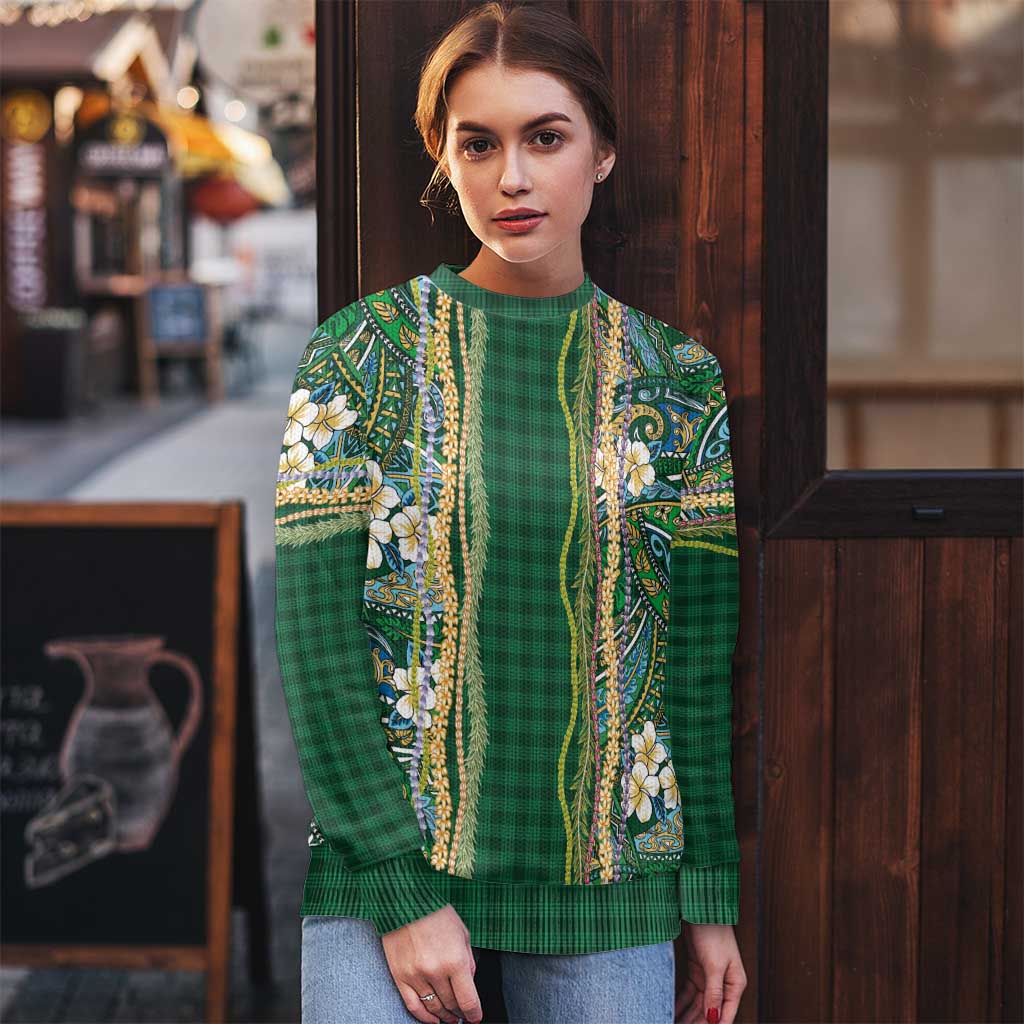 Hawaiian Art Flower Tribal with Lei Ugly Christmas Sweater Palaka Pattern Green Color - Polynesian Pride