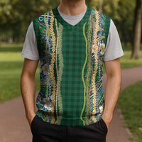Hawaiian Art Flower Tribal with Lei Christmas Knitted V-Neck Vest Palaka Pattern Green Color - Polynesian Pride