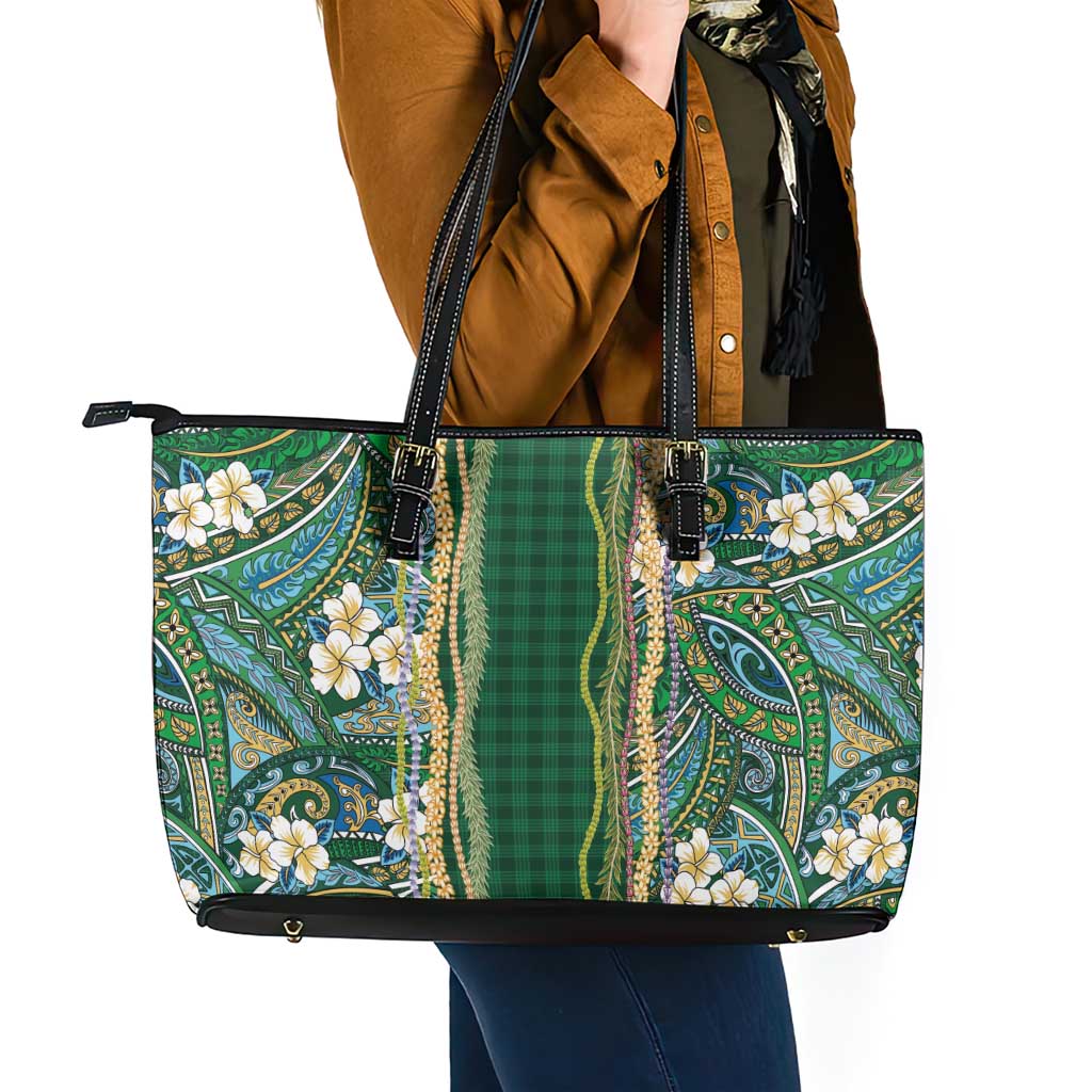 Hawaiian Art Flower Tribal with Lei Leather Tote Bag Palaka Pattern Green Color - Polynesian Pride