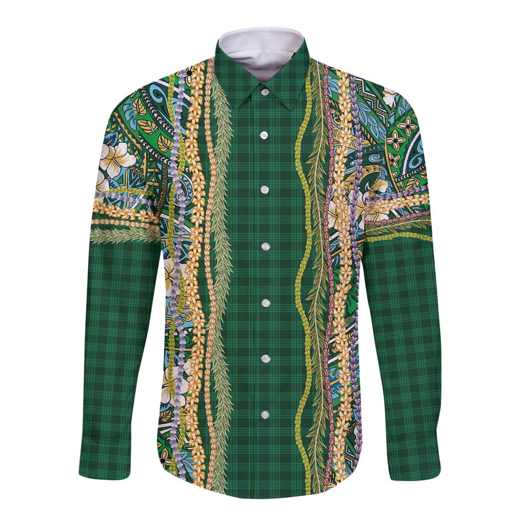 Hawaiian Art Flower Tribal with Lei Long Sleeve Button Shirt Palaka Pattern Green Color - Polynesian Pride