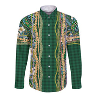 Hawaiian Art Flower Tribal with Lei Long Sleeve Button Shirt Palaka Pattern Green Color - Polynesian Pride