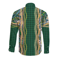 Hawaiian Art Flower Tribal with Lei Long Sleeve Button Shirt Palaka Pattern Green Color - Polynesian Pride