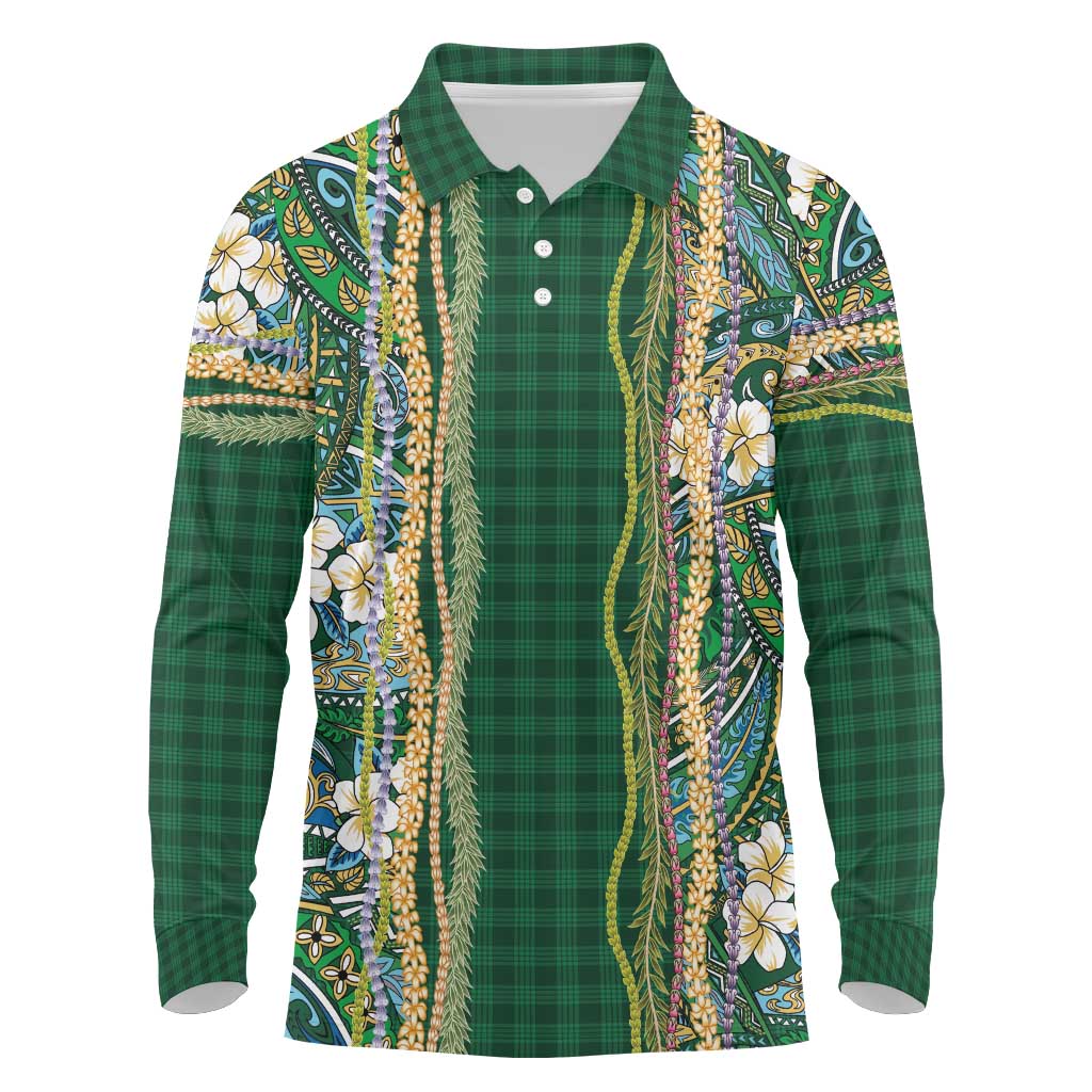 Hawaiian Art Flower Tribal with Lei Long Sleeve Polo Shirt Palaka Pattern Green Color - Polynesian Pride