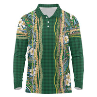 Hawaiian Art Flower Tribal with Lei Long Sleeve Polo Shirt Palaka Pattern Green Color - Polynesian Pride