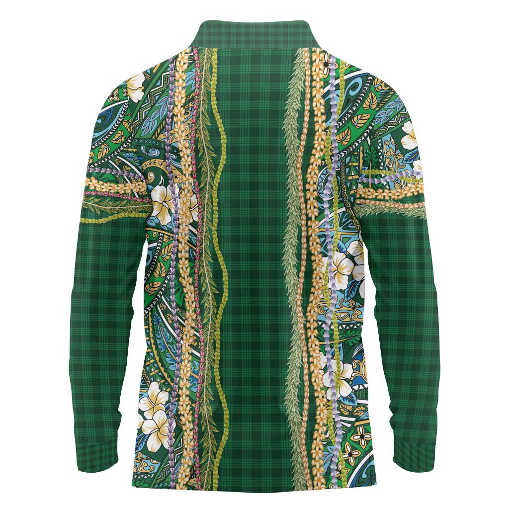 Hawaiian Art Flower Tribal with Lei Long Sleeve Polo Shirt Palaka Pattern Green Color - Polynesian Pride