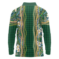 Hawaiian Art Flower Tribal with Lei Long Sleeve Polo Shirt Palaka Pattern Green Color - Polynesian Pride