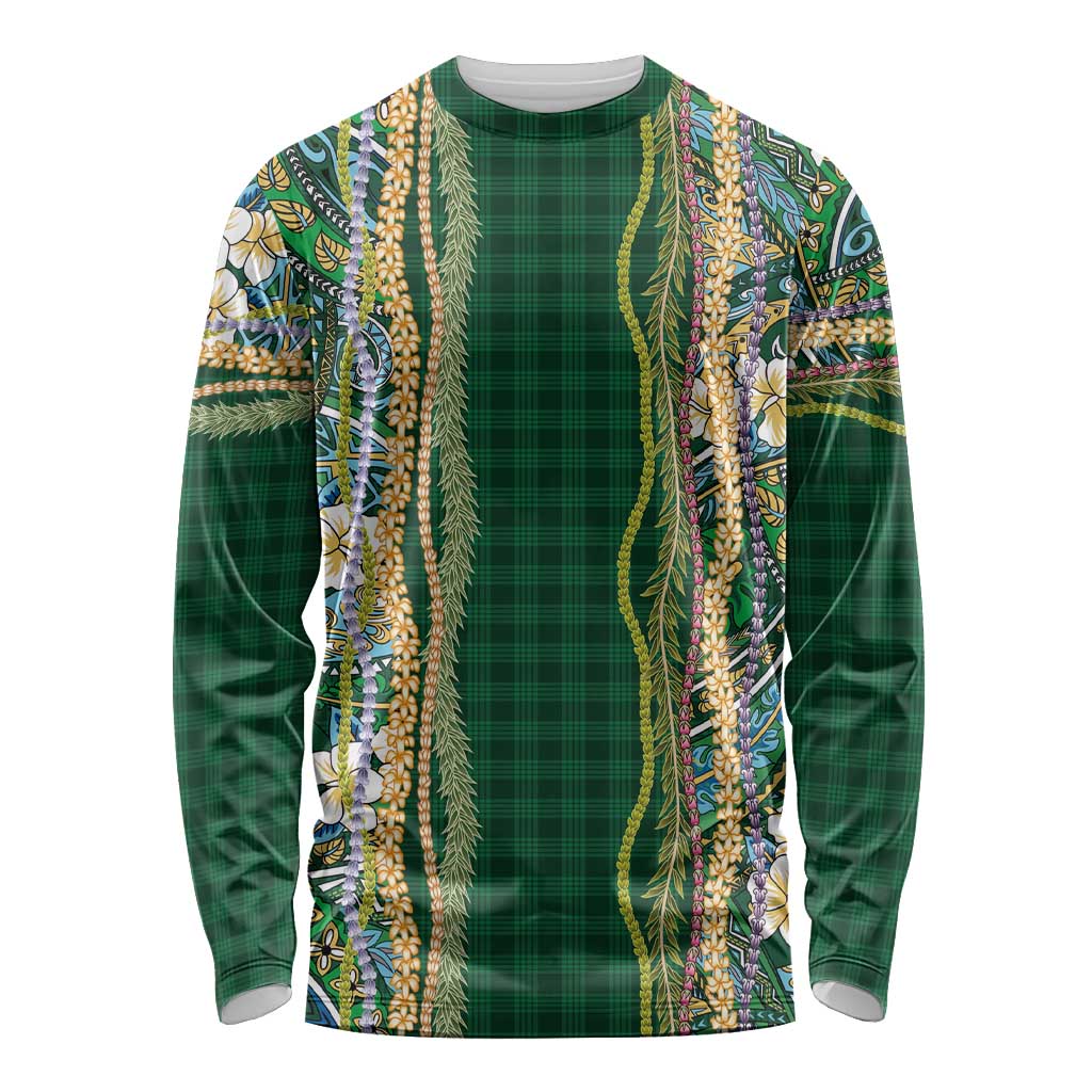Hawaiian Art Flower Tribal with Lei Long Sleeve Shirt Palaka Pattern Green Color - Polynesian Pride
