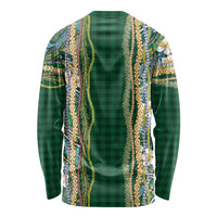 Hawaiian Art Flower Tribal with Lei Long Sleeve Shirt Palaka Pattern Green Color - Polynesian Pride
