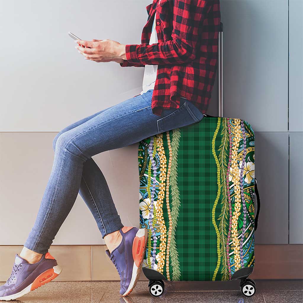 Hawaiian Art Flower Tribal with Lei Luggage Cover Palaka Pattern Green Color - Polynesian Pride