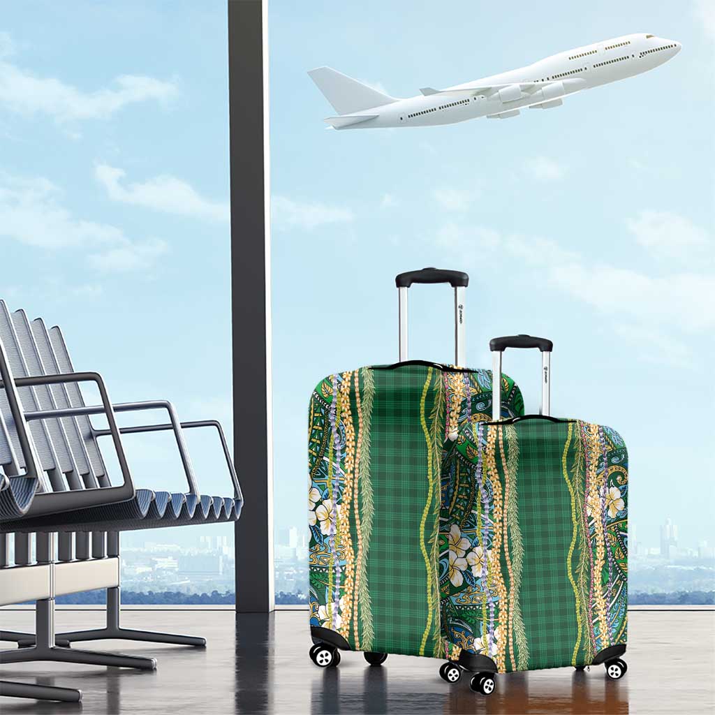 Hawaiian Art Flower Tribal with Lei Luggage Cover Palaka Pattern Green Color - Polynesian Pride