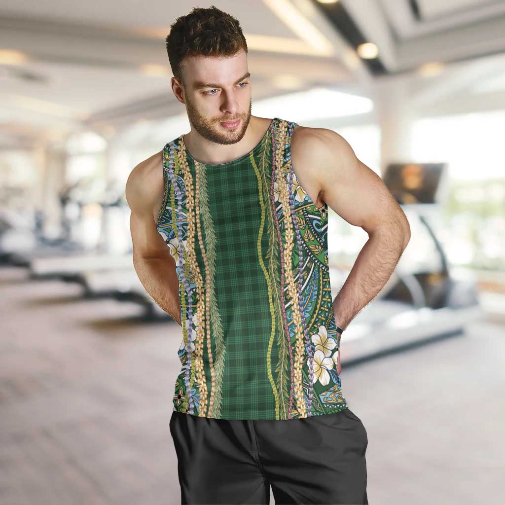 Hawaiian Art Flower Tribal with Lei Men Tank Top Palaka Pattern Green Color - Polynesian Pride