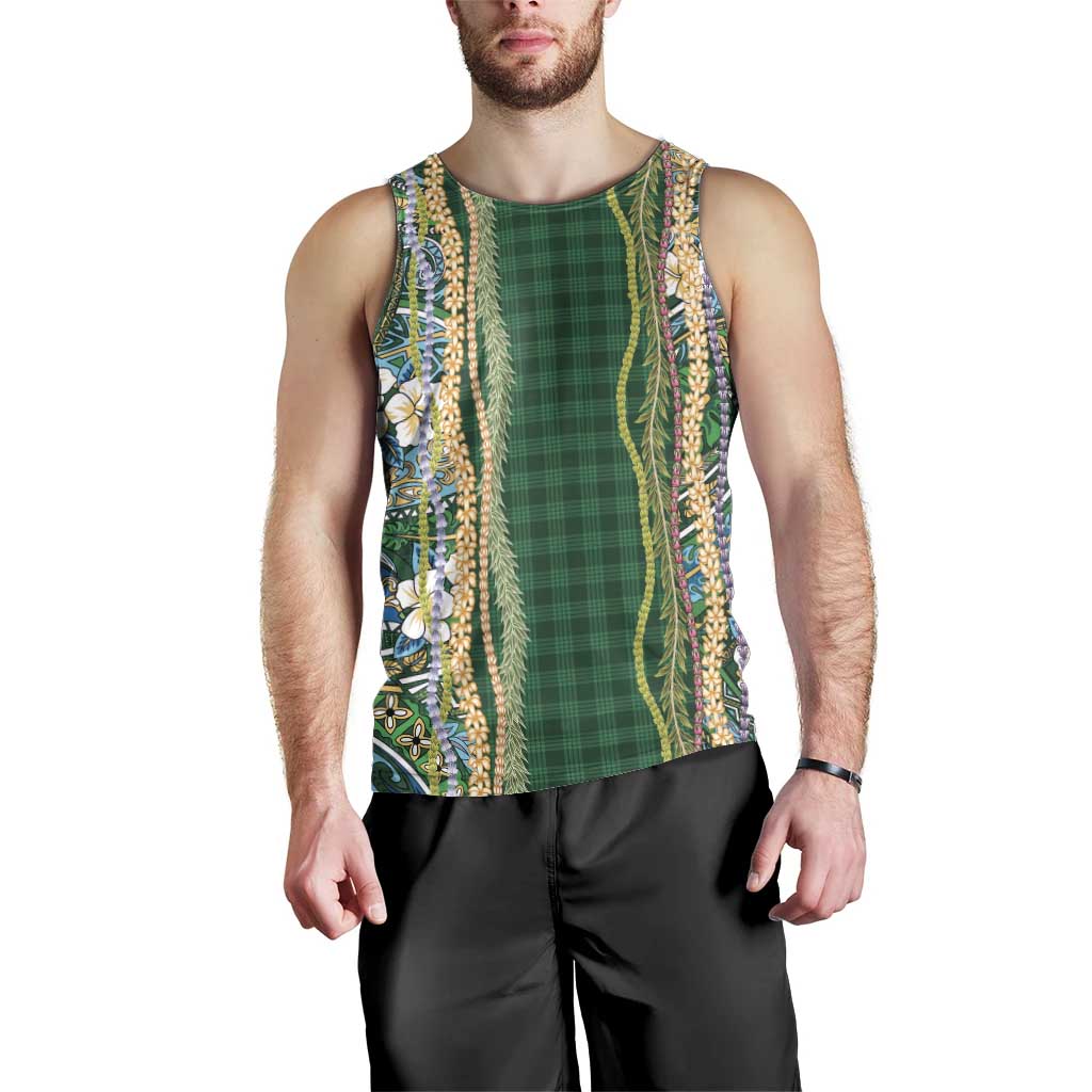 Hawaiian Art Flower Tribal with Lei Men Tank Top Palaka Pattern Green Color - Polynesian Pride