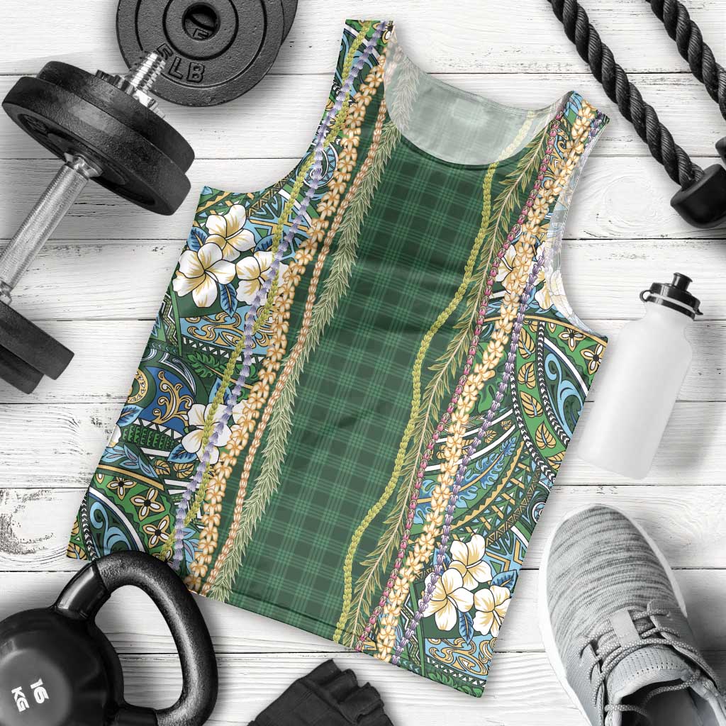 Hawaiian Art Flower Tribal with Lei Men Tank Top Palaka Pattern Green Color - Polynesian Pride