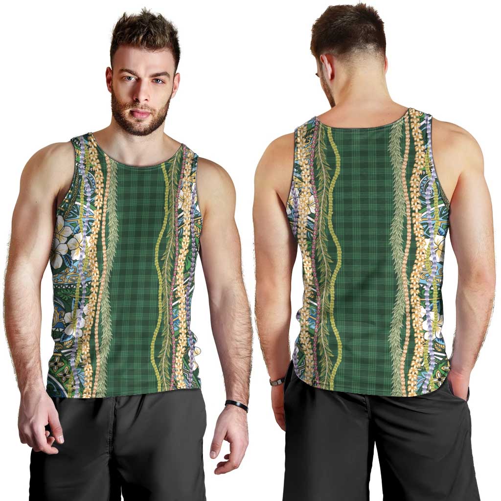 Hawaiian Art Flower Tribal with Lei Men Tank Top Palaka Pattern Green Color - Polynesian Pride