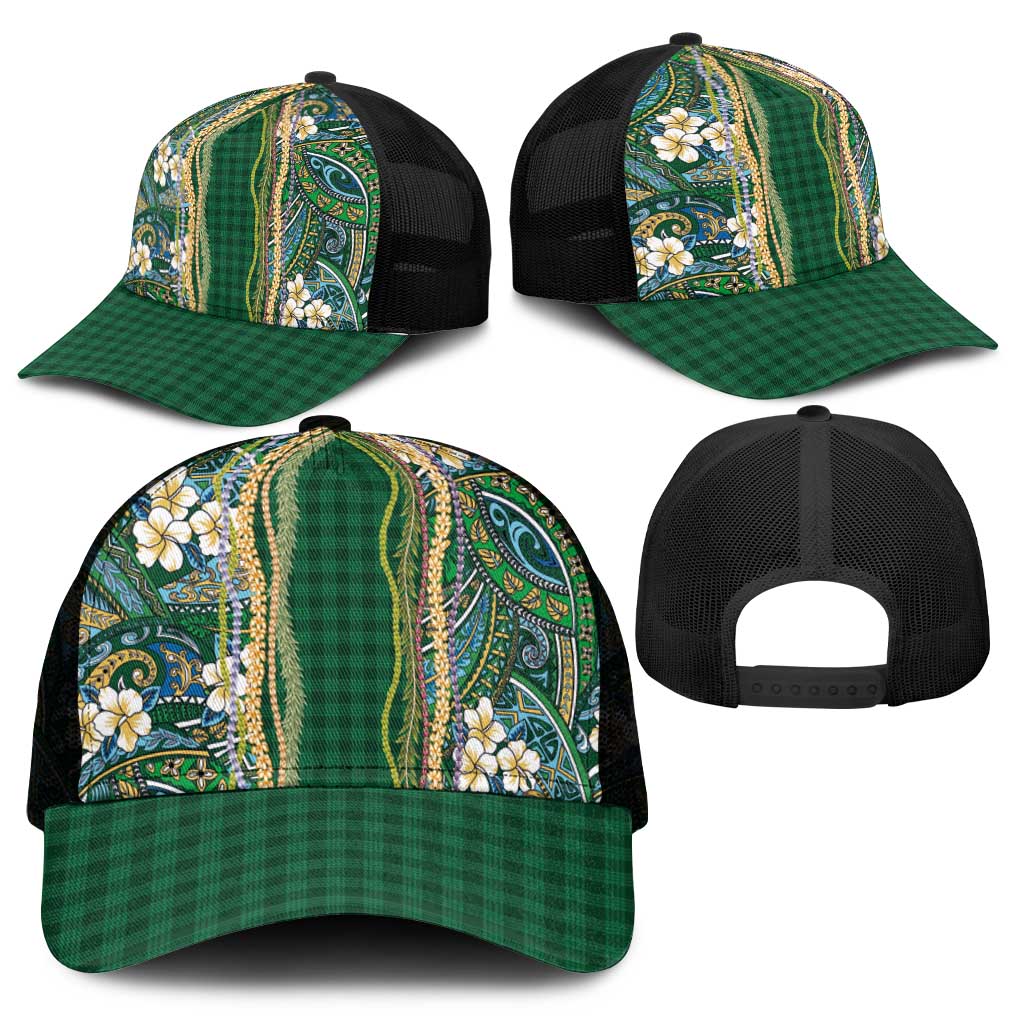 Hawaiian Art Flower Tribal with Lei Mesh Trucker Cap Palaka Pattern Green Color - Polynesian Pride