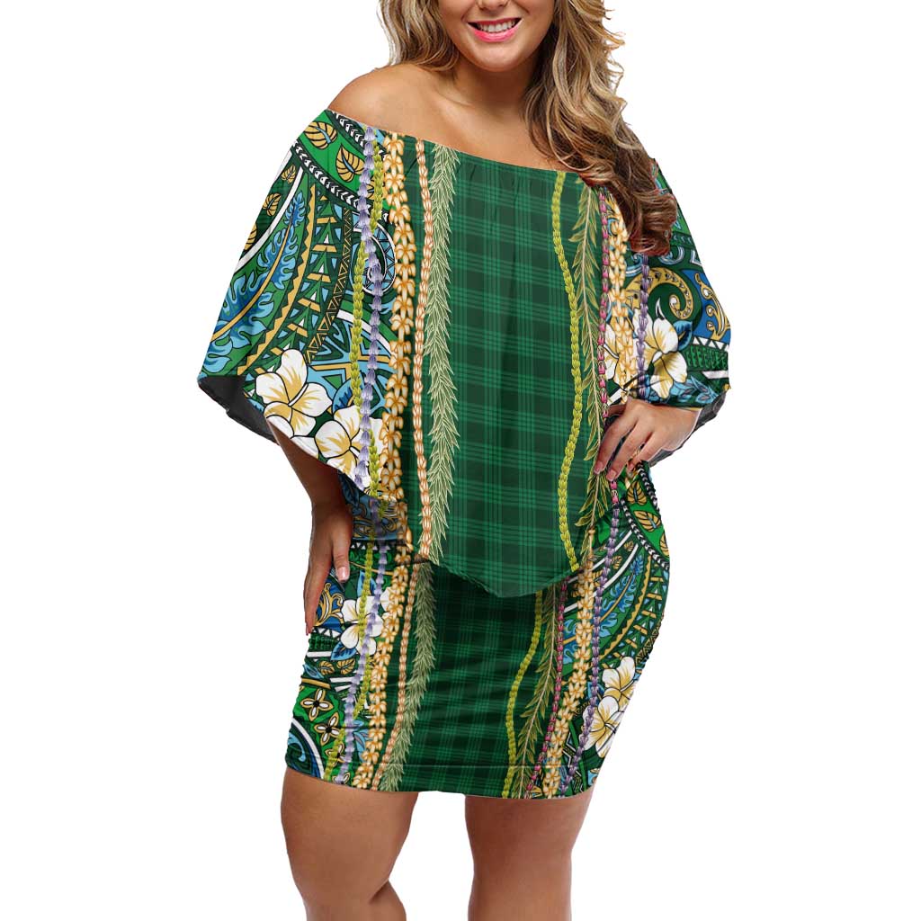 Hawaiian Art Flower Tribal with Lei Off Shoulder Short Dress Palaka Pattern Green Color - Polynesian Pride