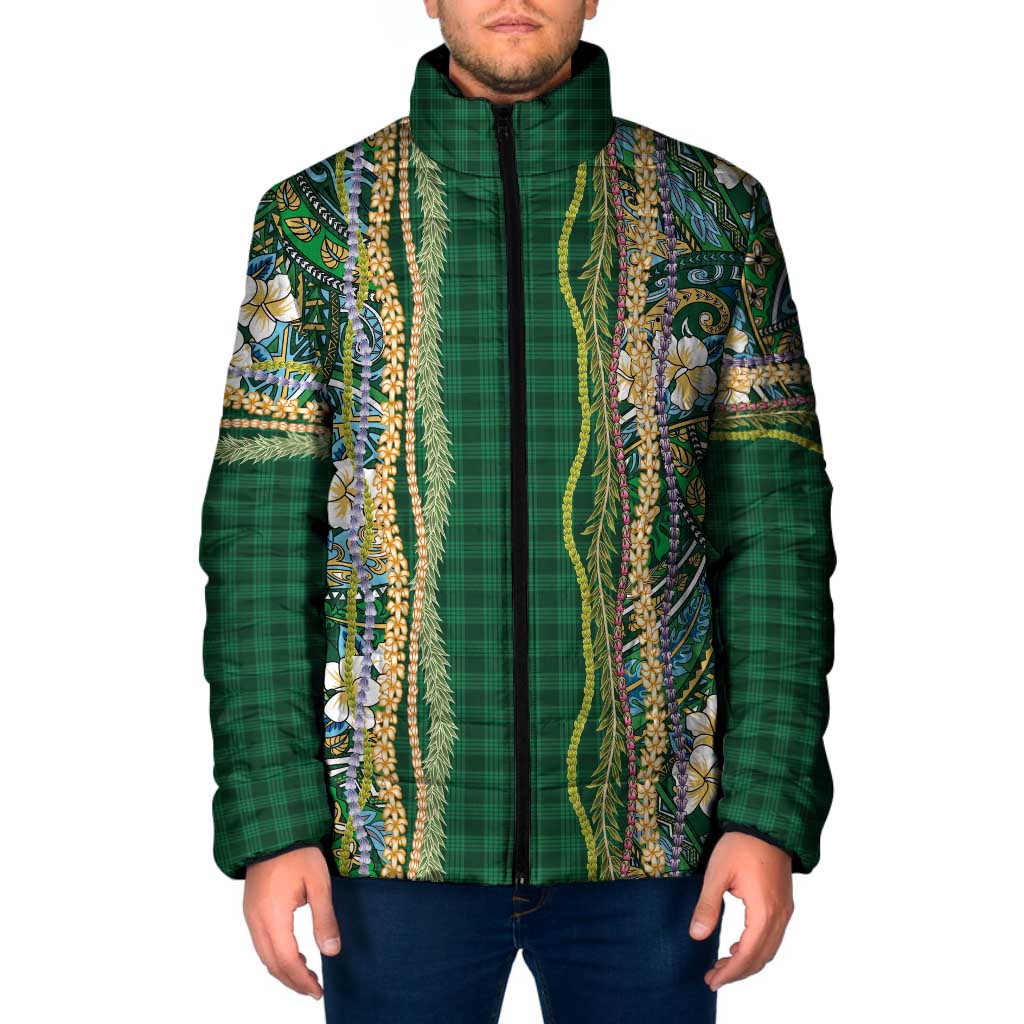 Hawaiian Art Flower Tribal with Lei Padded Jacket Palaka Pattern Green Color - Polynesian Pride