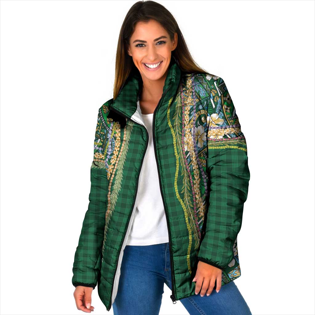 Hawaiian Art Flower Tribal with Lei Padded Jacket Palaka Pattern Green Color - Polynesian Pride