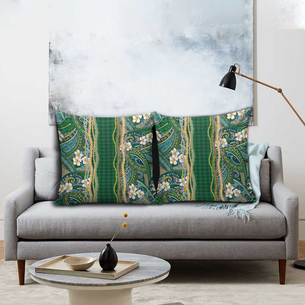 Hawaiian Art Flower Tribal with Lei Pillow Cover Palaka Pattern Green Color - Polynesian Pride