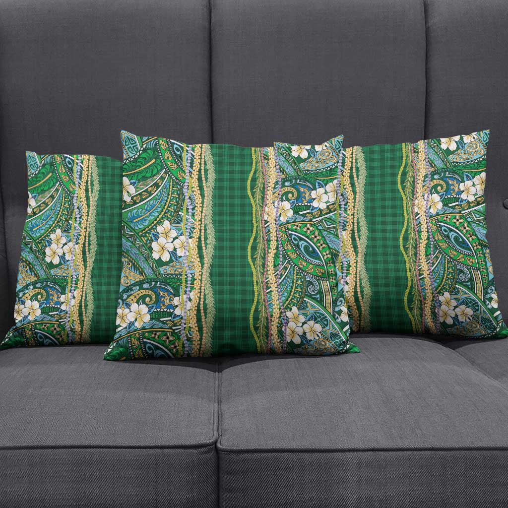 Hawaiian Art Flower Tribal with Lei Pillow Cover Palaka Pattern Green Color - Polynesian Pride