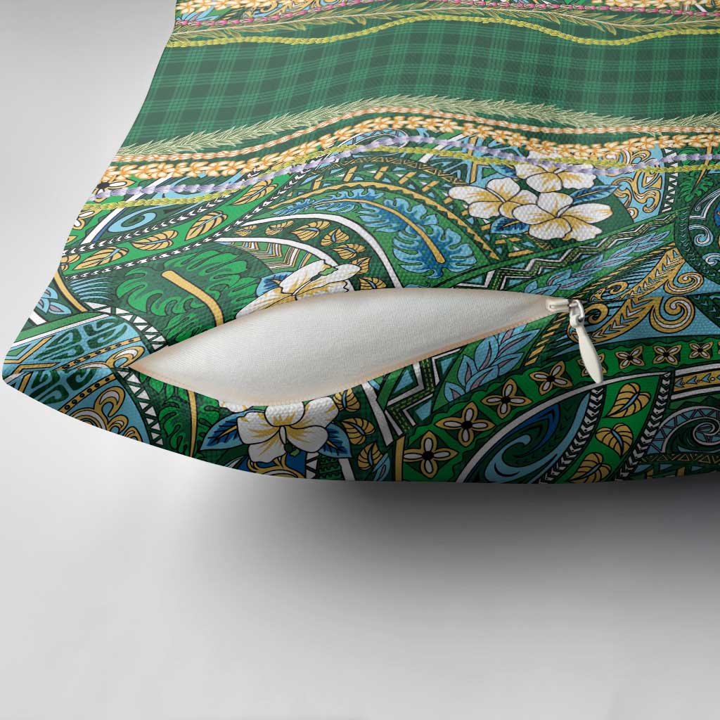 Hawaiian Art Flower Tribal with Lei Pillow Cover Palaka Pattern Green Color - Polynesian Pride