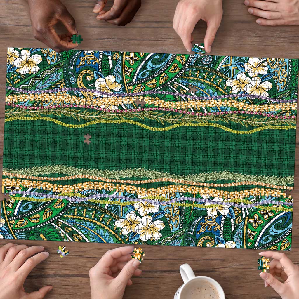 Hawaiian Art Flower Tribal with Lei Puzzle Palaka Pattern Green Color - Polynesian Pride