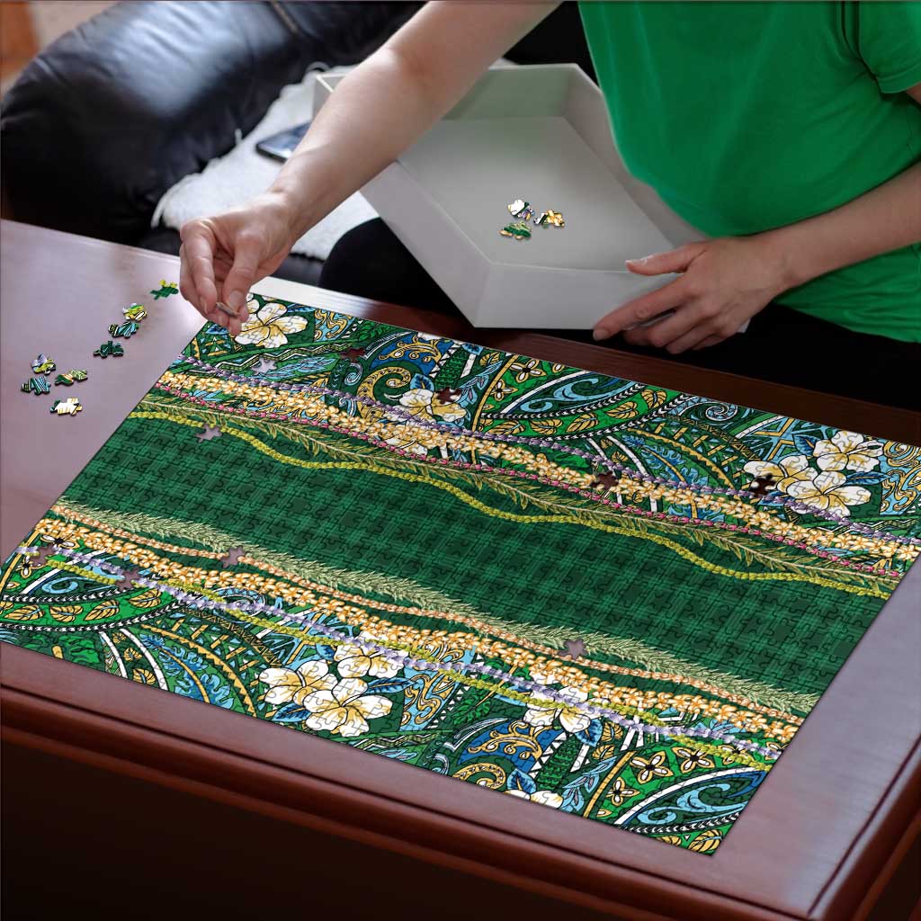 Hawaiian Art Flower Tribal with Lei Puzzle Palaka Pattern Green Color - Polynesian Pride