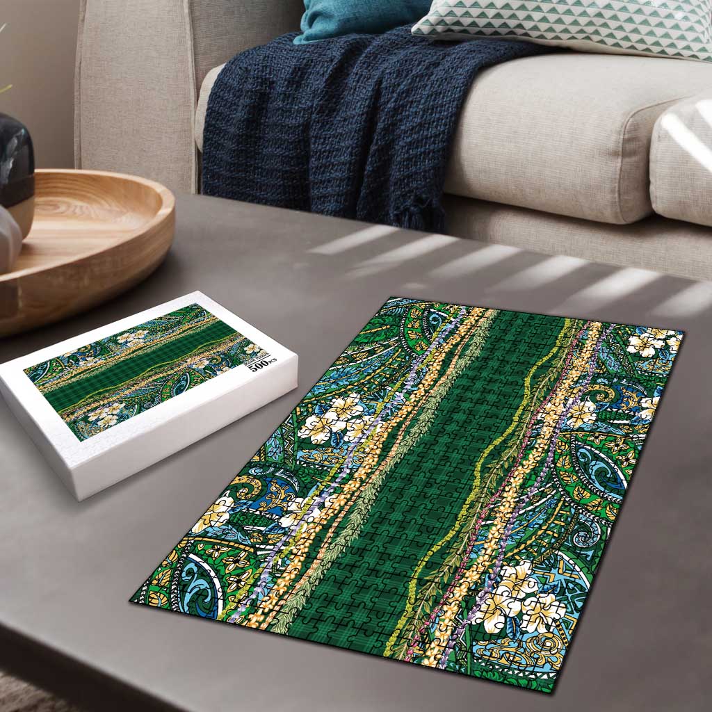 Hawaiian Art Flower Tribal with Lei Puzzle Palaka Pattern Green Color - Polynesian Pride