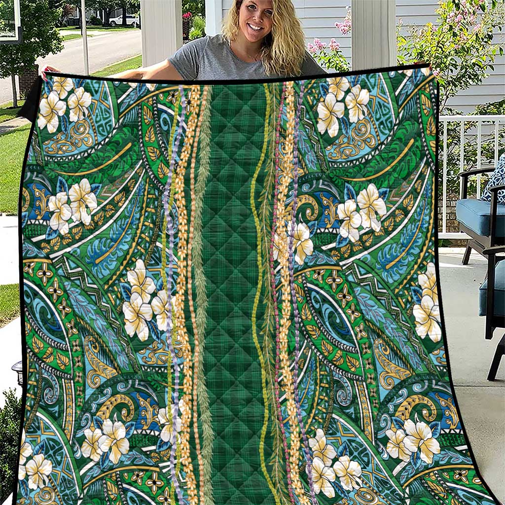 Hawaiian Art Flower Tribal with Lei Quilt Palaka Pattern Green Color - Polynesian Pride