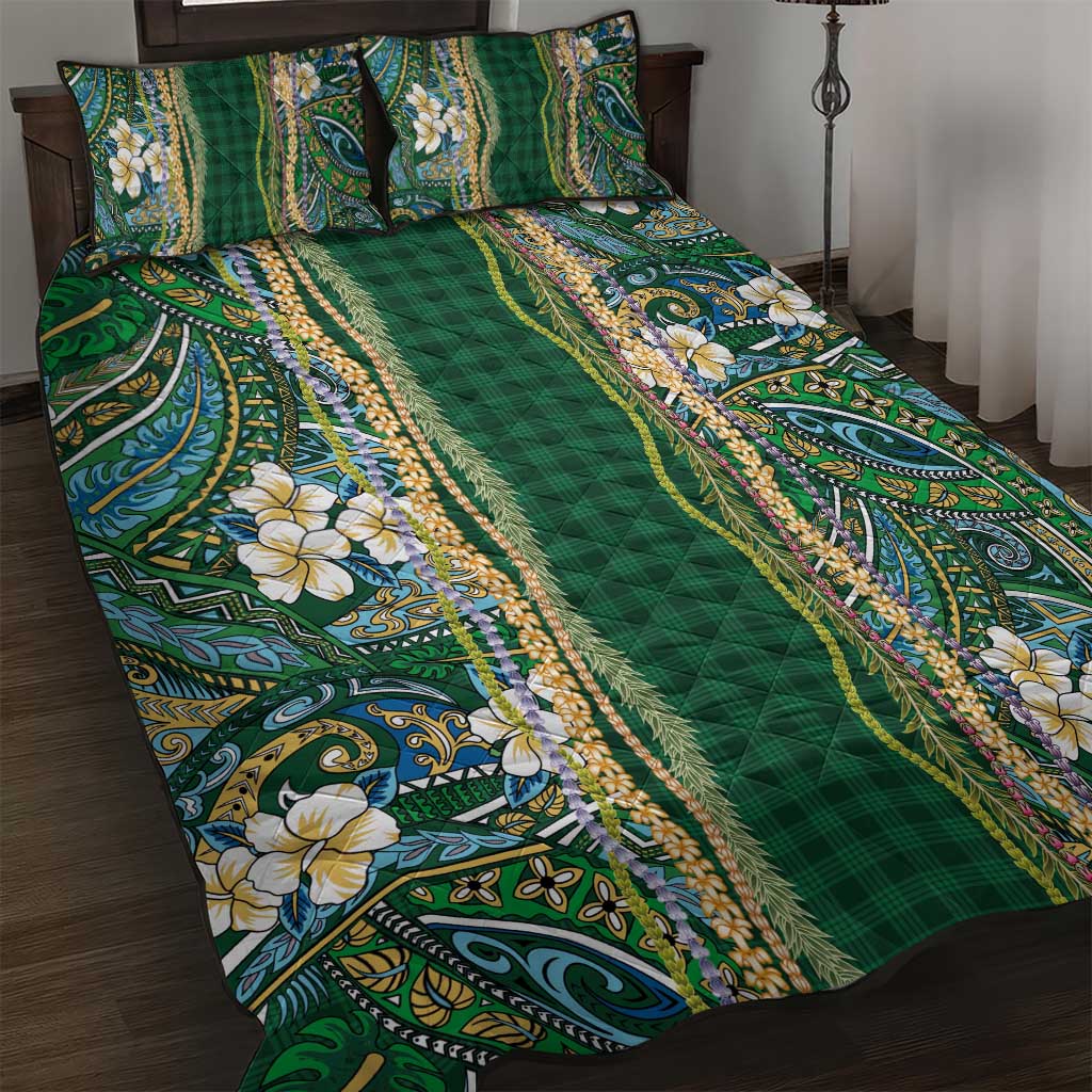 Hawaiian Art Flower Tribal with Lei Quilt Bed Set Palaka Pattern Green Color - Polynesian Pride