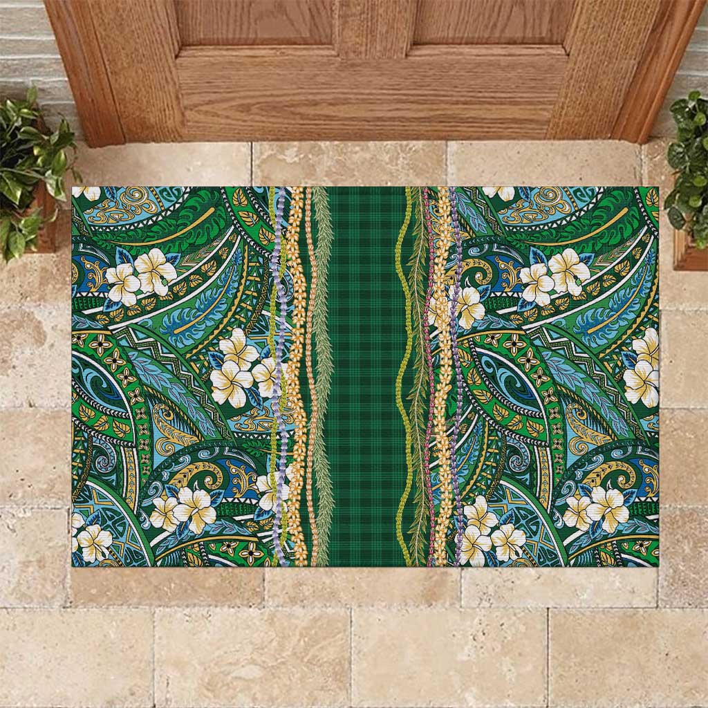 Hawaiian Art Flower Tribal with Lei Rubber Doormat Palaka Pattern Green Color - Polynesian Pride