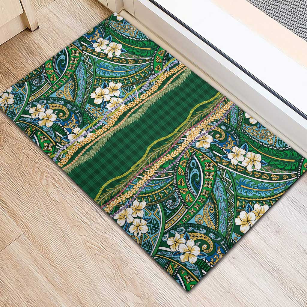 Hawaiian Art Flower Tribal with Lei Rubber Doormat Palaka Pattern Green Color - Polynesian Pride