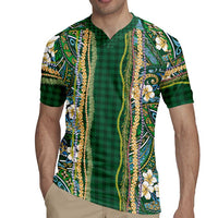 Hawaiian Art Flower Tribal with Lei Rugby Jersey Palaka Pattern Green Color - Polynesian Pride