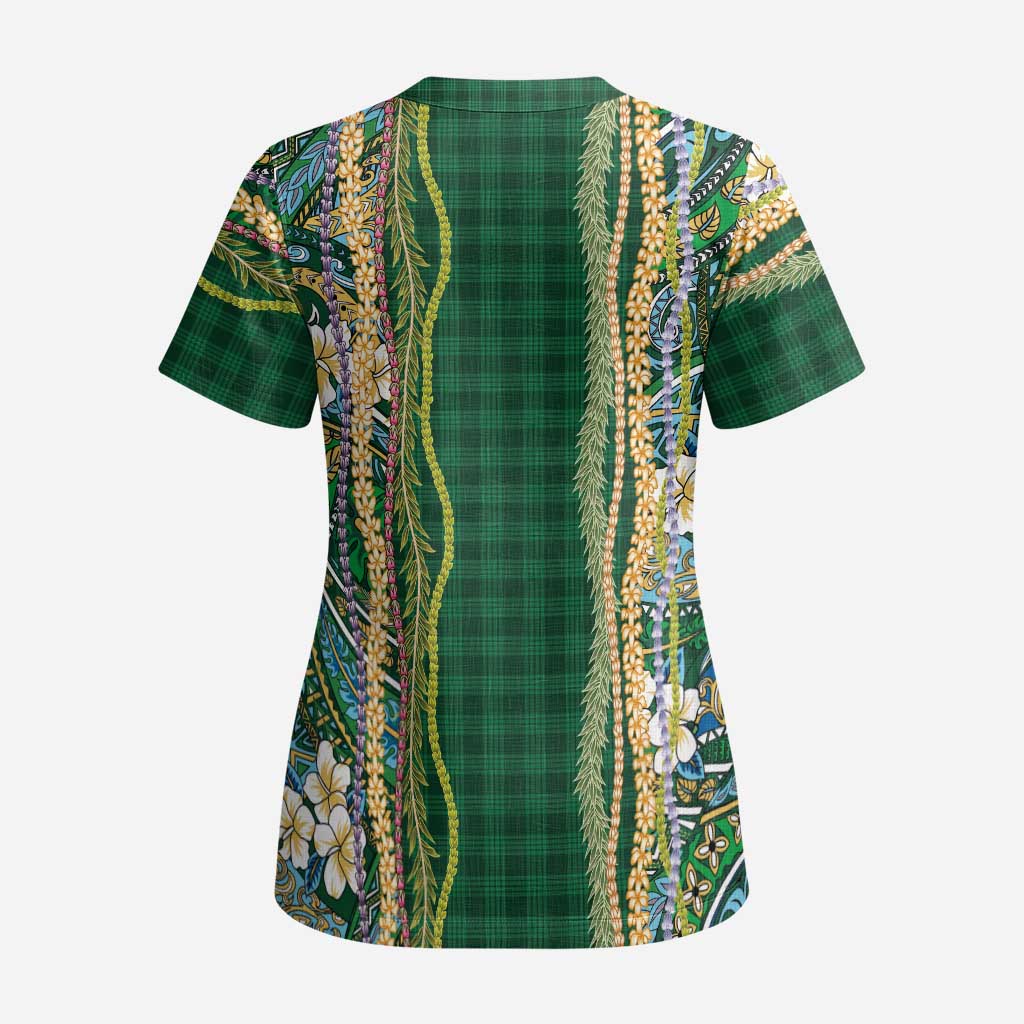 Hawaiian Art Flower Tribal with Lei Scrub Top Palaka Pattern Green Color - Polynesian Pride