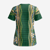 Hawaiian Art Flower Tribal with Lei Scrub Top Palaka Pattern Green Color - Polynesian Pride