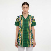 Hawaiian Art Flower Tribal with Lei Scrub Top Palaka Pattern Green Color - Polynesian Pride