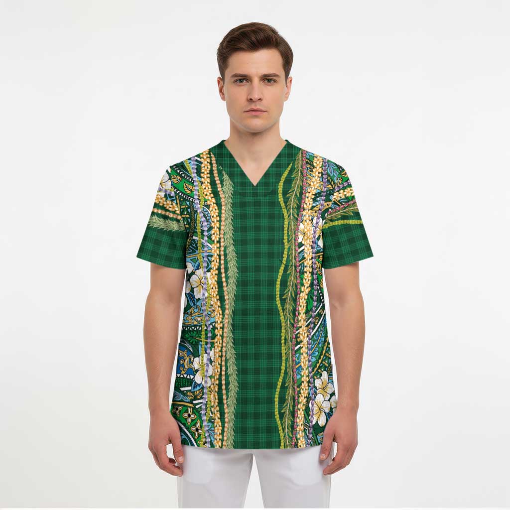Hawaiian Art Flower Tribal with Lei Scrub Top Palaka Pattern Green Color - Polynesian Pride