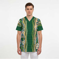 Hawaiian Art Flower Tribal with Lei Scrub Top Palaka Pattern Green Color - Polynesian Pride