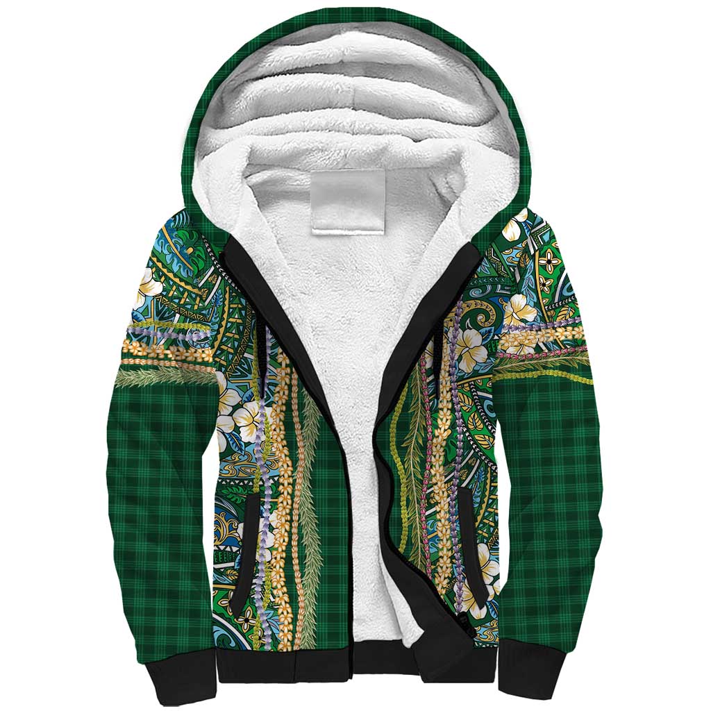 Hawaiian Art Flower Tribal with Lei Sherpa Hoodie Palaka Pattern Green Color - Polynesian Pride